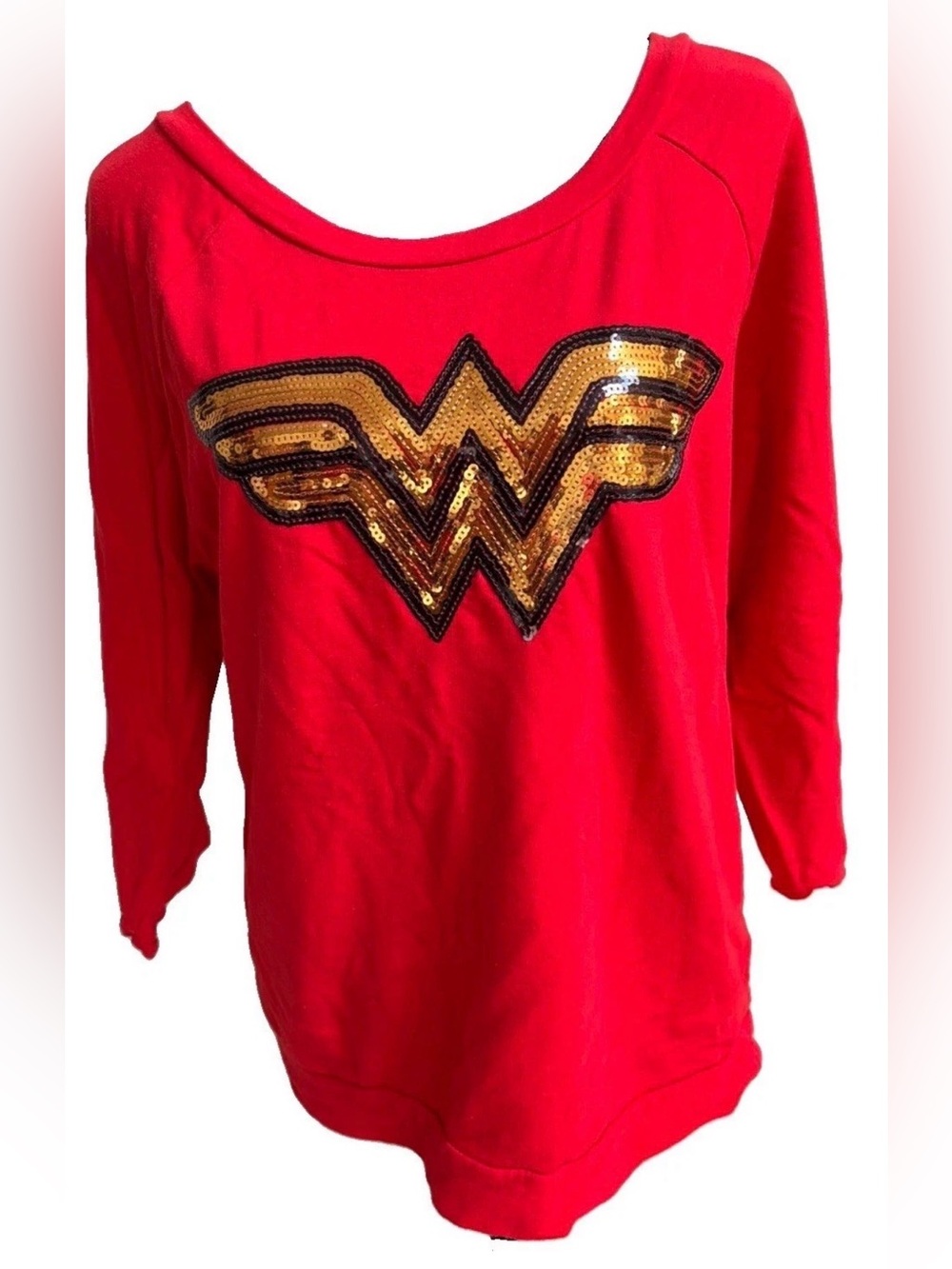 DC Comics Originals Wonder Woman Sequin Red Sweatshirt 3/4 Sleeves Size XL